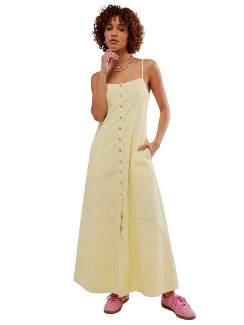 Free People Maxi Dress Women Yellow Just Jill Cotton  Vacay Boho Retro Small S